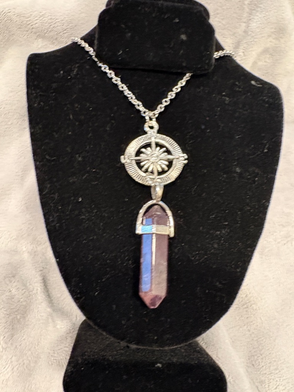 Silver Compass Pendant Necklace with Violet Crystal Point